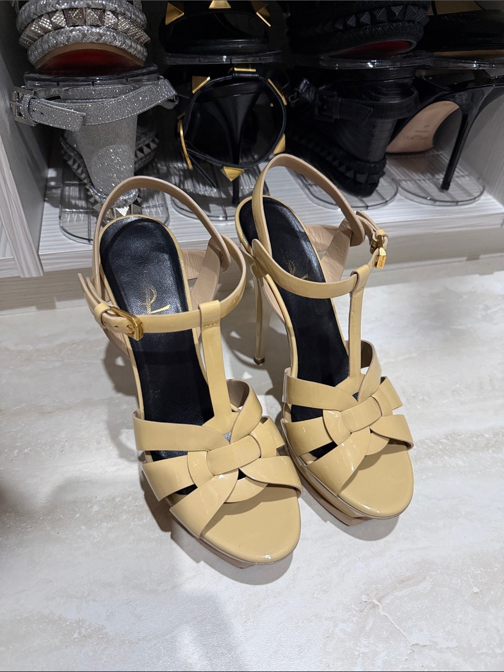 Yves Saint Laurent Cream Patent T-Strap High Heel Sandals